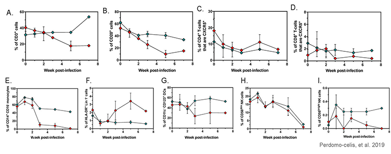 HIV infection in huNOG-EXL mice affects the frequencies of human immune cells